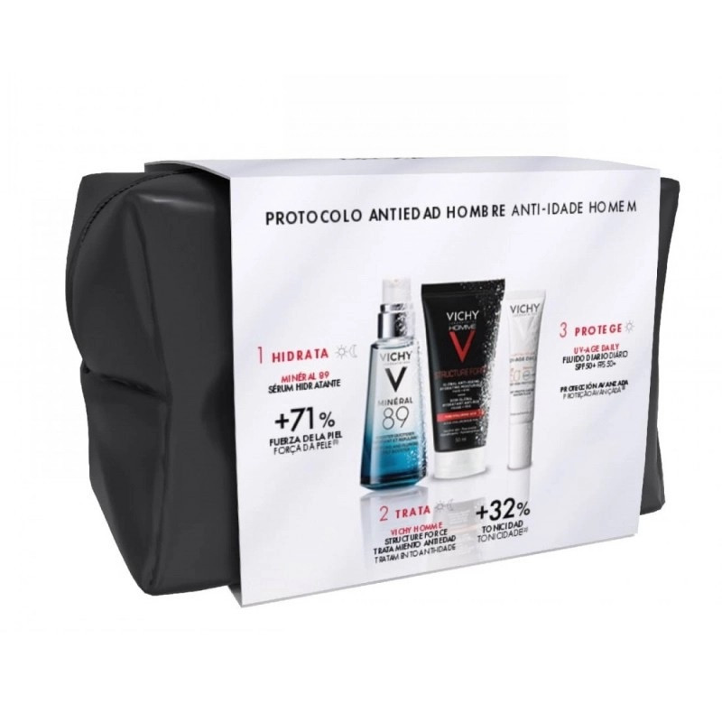 Vichy Homem Mineral 89 Sérum 50ml + Structure Force 50ml + Capital Soleil UV-Age Daily SPF50+ 15ml +  Bolsa Coffret Vichy Homem Mineral 89 Sérum 50ml + Structure Force 50ml + Capital Soleil UV-Age Daily SPF50+ 15ml +  Bolsa Coffret