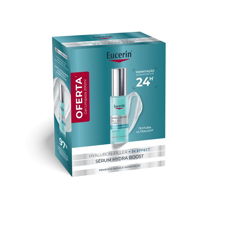Eucerin Hyaluron-Filler 3x Effect Sérum Hydra Boost + Dermatoclean Hyaluron Gel de Limpeza 200ml Pack
