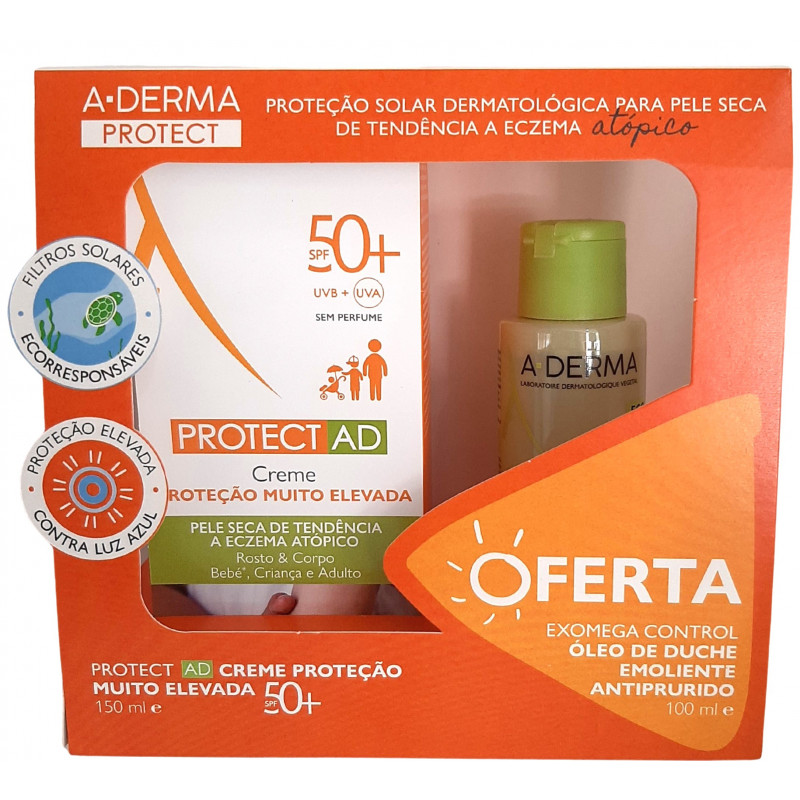 A-Derma Pack Protect AD Crème Solaire SPF50+ Crème Très Haute Protection 150 ml + Huile de Douche Exomega Control 100 ml