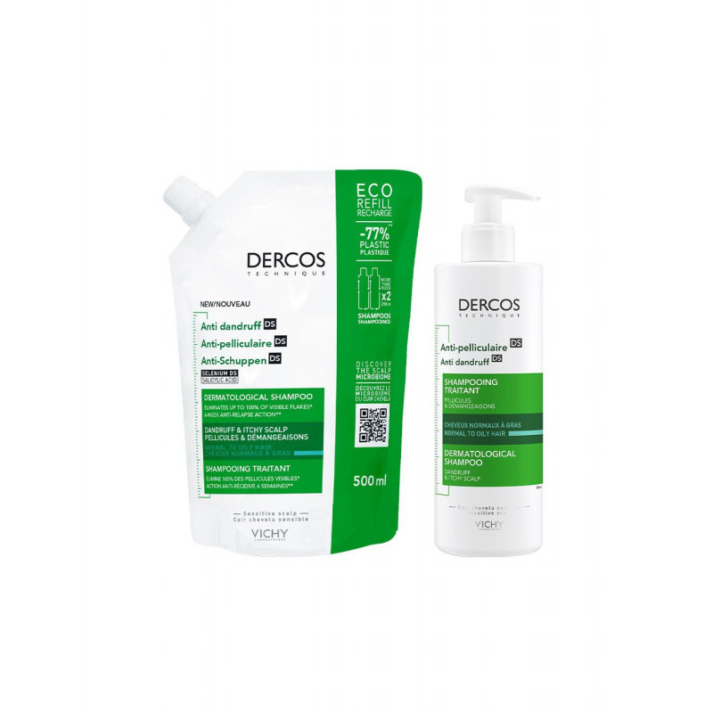 Syampu Anti-Kelemumur Vichy Pack Dercos untuk Rambut Normal/Berminyak 390 ml + Ecorefill 500 ml