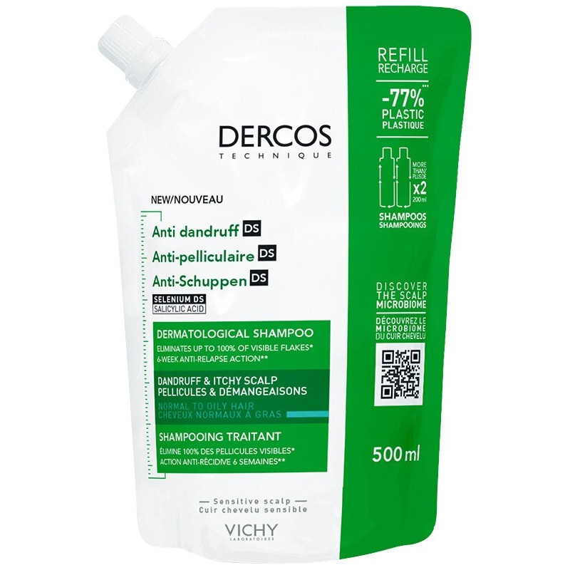 Vichy Dercos Anti-Schuppen-Shampoo für normales bis fettiges Haar, Ecorefill (Nachfüllung), 500 ml